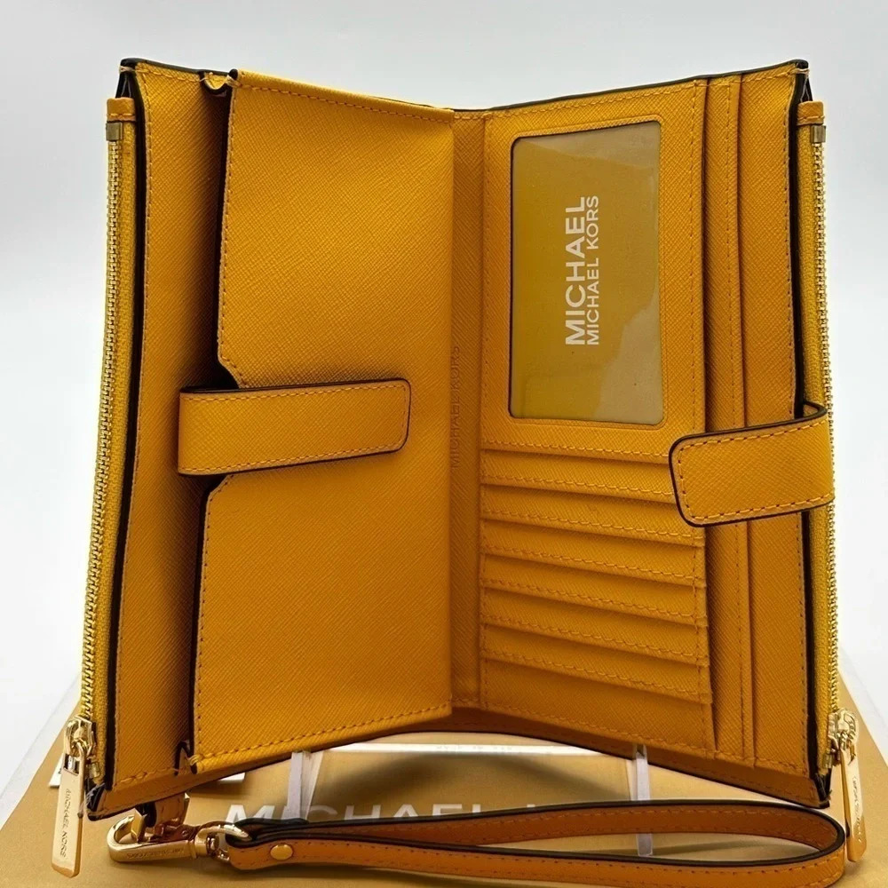 Michael Kors Large Double Zip Wallet Wristlet Jasmine Yellow - Picture 9 of 10